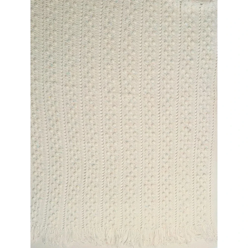 Vintage Handmade white blue pink crochet throw blanket textured bobble fringe